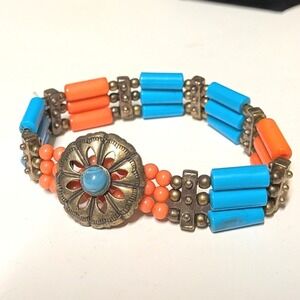 Beaded Stretch Bracelet Turquoise Orange Boho Western Cuff Small